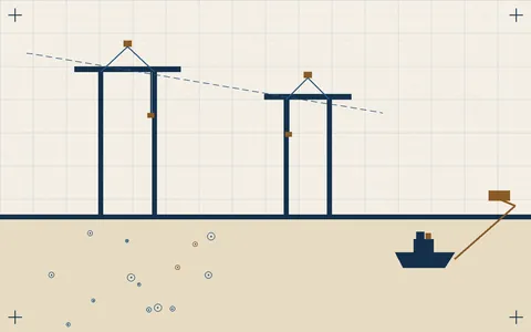 Chart style illustration of two port cranes on a quay with a moored tugboat connected by a cable to a shore power box on the dock